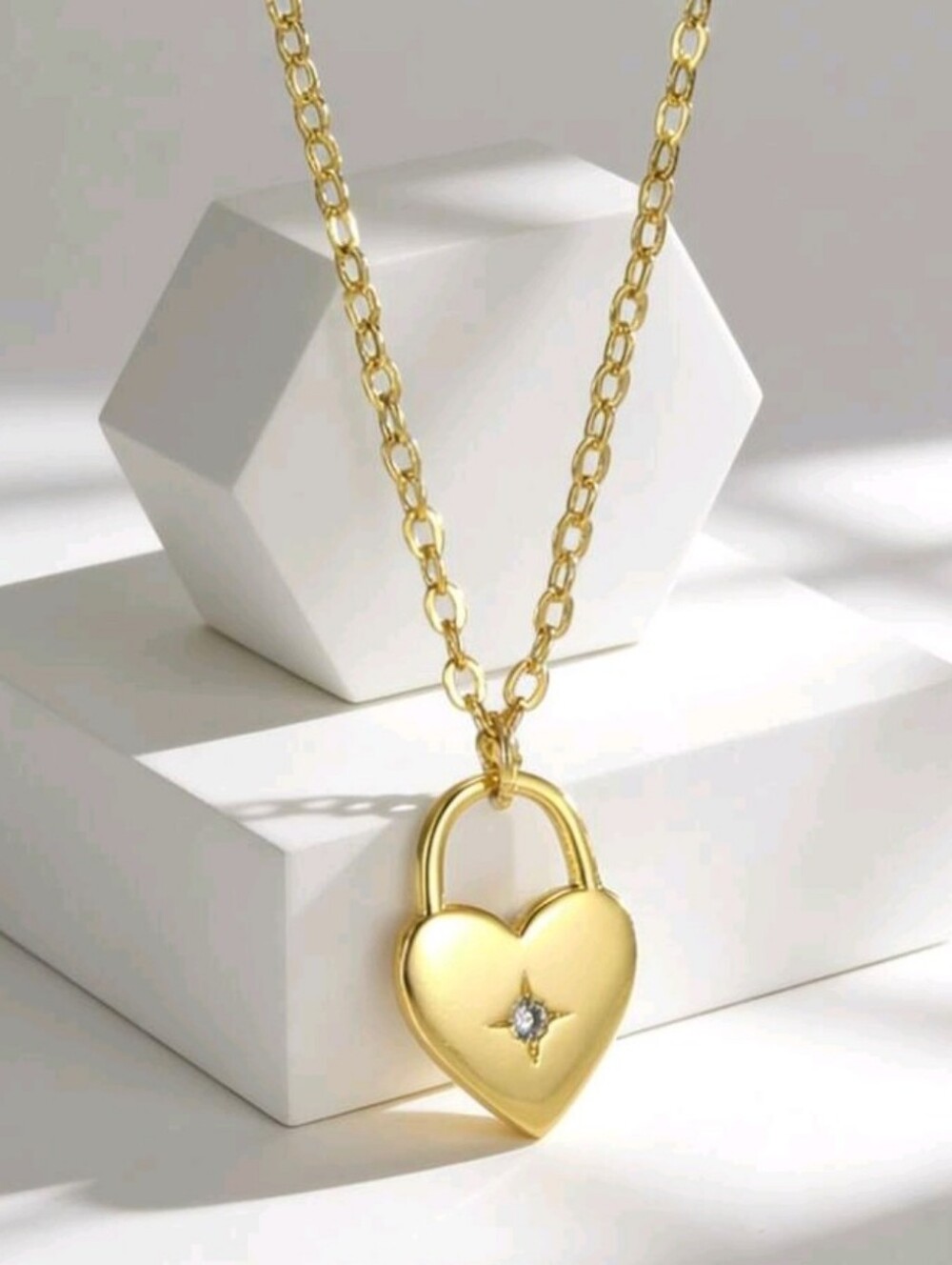 NEW! 18K Gold Plated Small-Petite Heart Padlock & CZ Accent Pendant Necklace